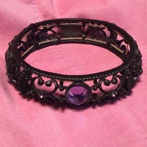 Black Metal Stretch Bracelet Purple Rhinestones